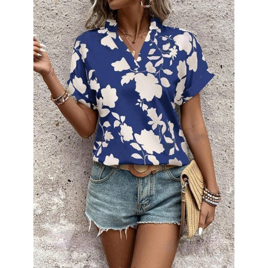 Flower Notched Short Sleeve Blouse