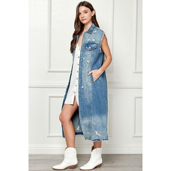 Distressed Sleeveless Longline Denim Jacket in Medium Blue Wash