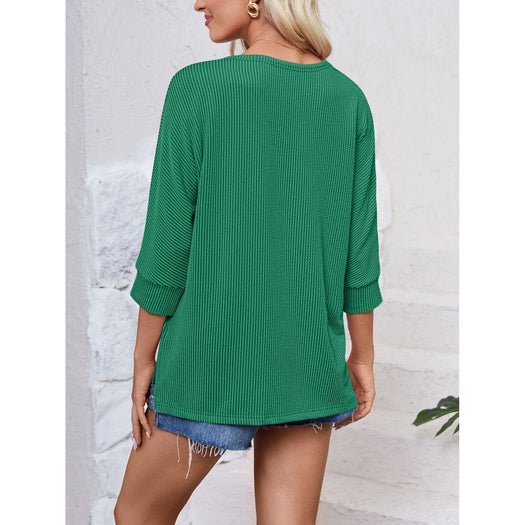 Textured Round Neck Three-Quarter Sleeve Blouse