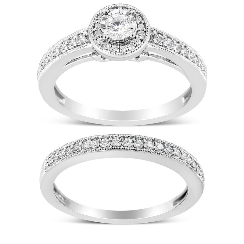 Bids.com .925 Sterling Silver 1/2 Ctw Diamond Halo and Milgrain Engagement Ring Bridal Set (I-J Color, I3 Clarity) - Ring Size 7 Rings