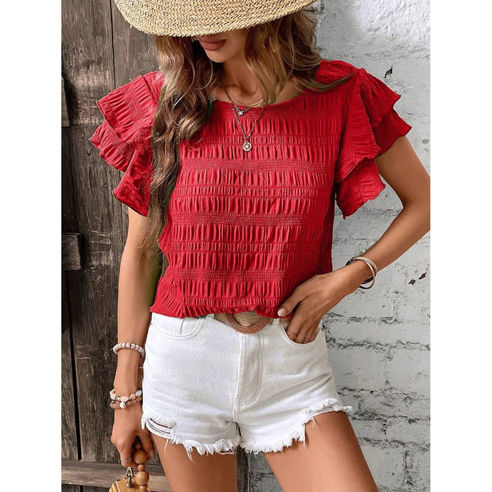 Round Neck Flounce Sleeve Blouse