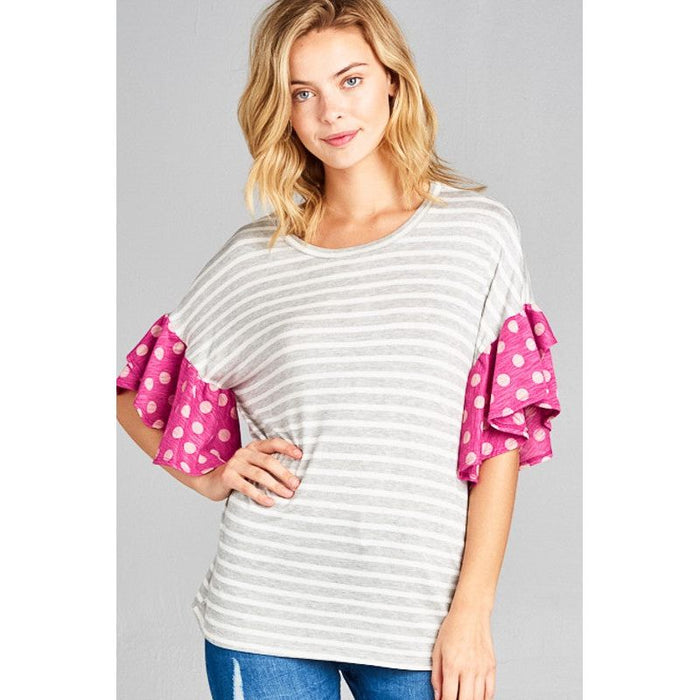 POLKA DOT STRIPE RUFFLE SLEEVE TOP