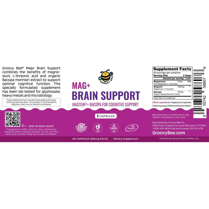 Mag+ Brain Boost Nootropic (Magtein + Bacopa for Cognitive Performance) 60 Capsules (550mg Each)