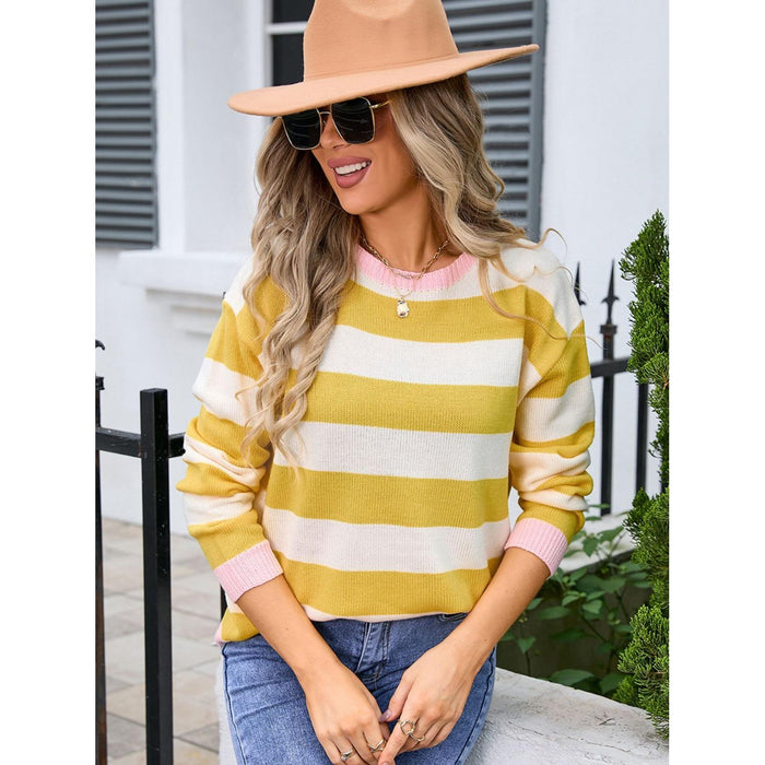 Striped Round Neck Dropped Shoulder Sweater