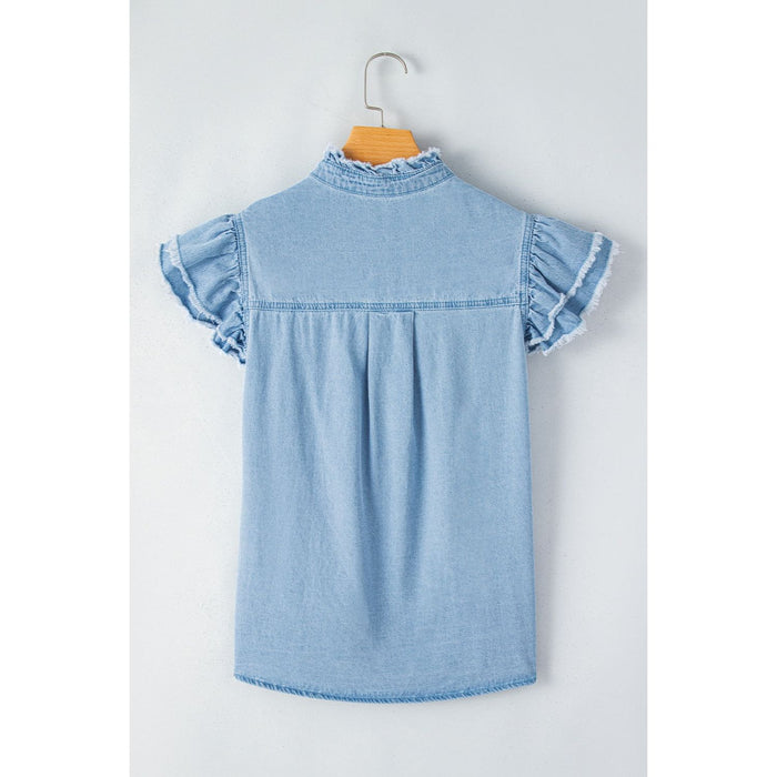 Raw Hem Button Up Cap Sleeve Denim Top