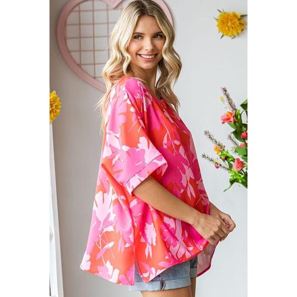 First Love Slit Printed Round Neck Half Sleeve Blouse