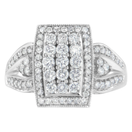 Bids.com 10K White Gold 1.0 Cttw Diamond Rectangular Cushion Shaped Cluster Halo Flared Band Cocktail Fashion Ring (H-I Color, SI2-I1 Clarity) - Size 7 Rings