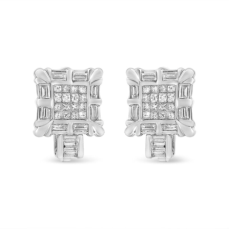 Bids.com 14K White Gold 1.0 Cttw Princess and Baguette-Cut Diamond Square Framed Huggie Hoop Omega Earrings (H-I Color, SI1-SI2 Clarity) Earrings
