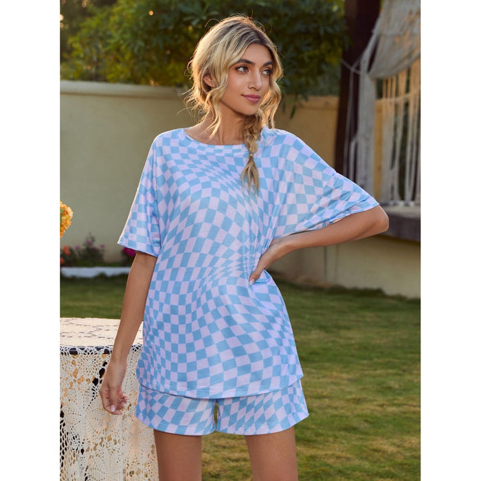 Plaid Round Neck Top and Shorts Lounge Set