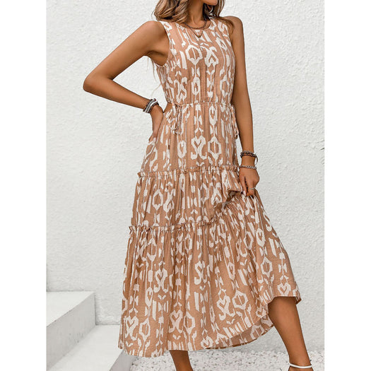 Frill Cutout Printed Round Neck Sleeveless Dress