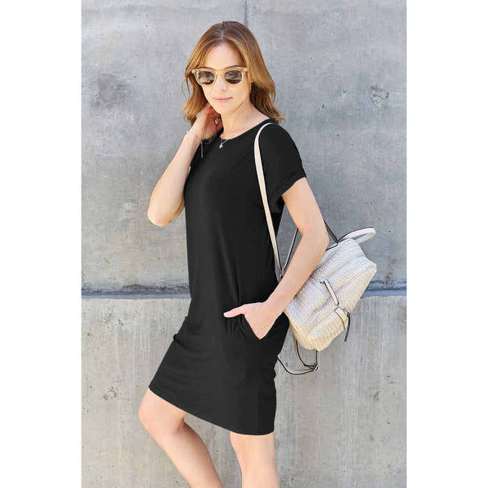 Round Neck Short Sleeve Dress with Pockets