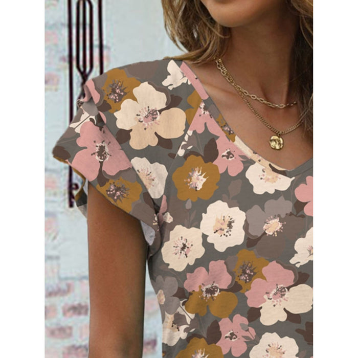 Floral V-Neck Cap Sleeve T-Shirt