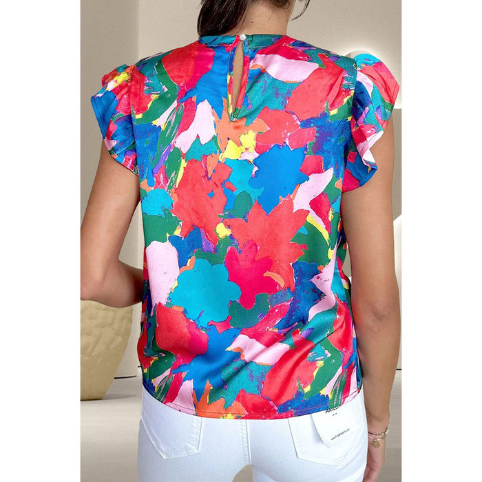 Ruffled Abstract Print Round Neck Cap Sleeve Blouse