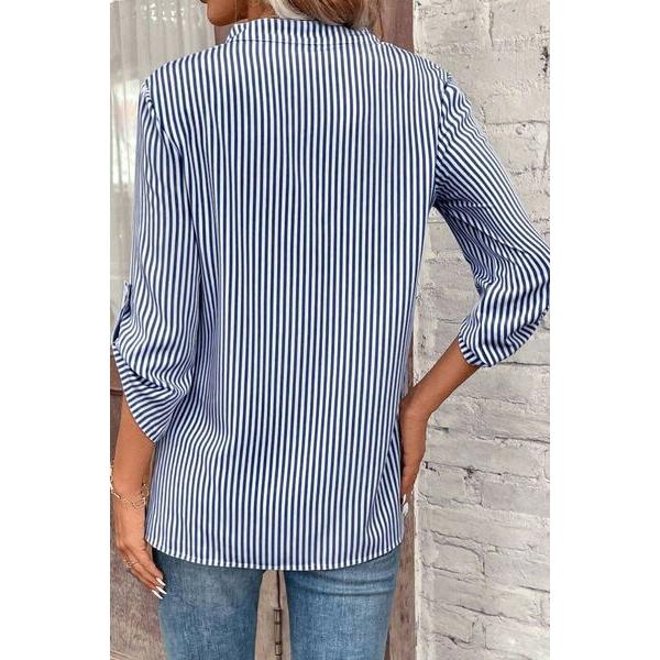 Striped Notched Roll-Tab Sleeve Shirt