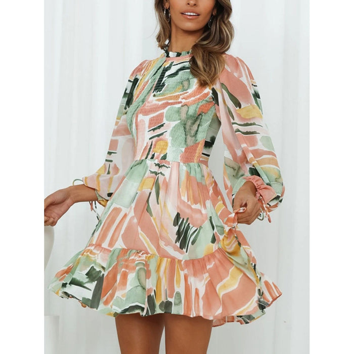 Printed Mock Neck Balloon Sleeve Mini Dress