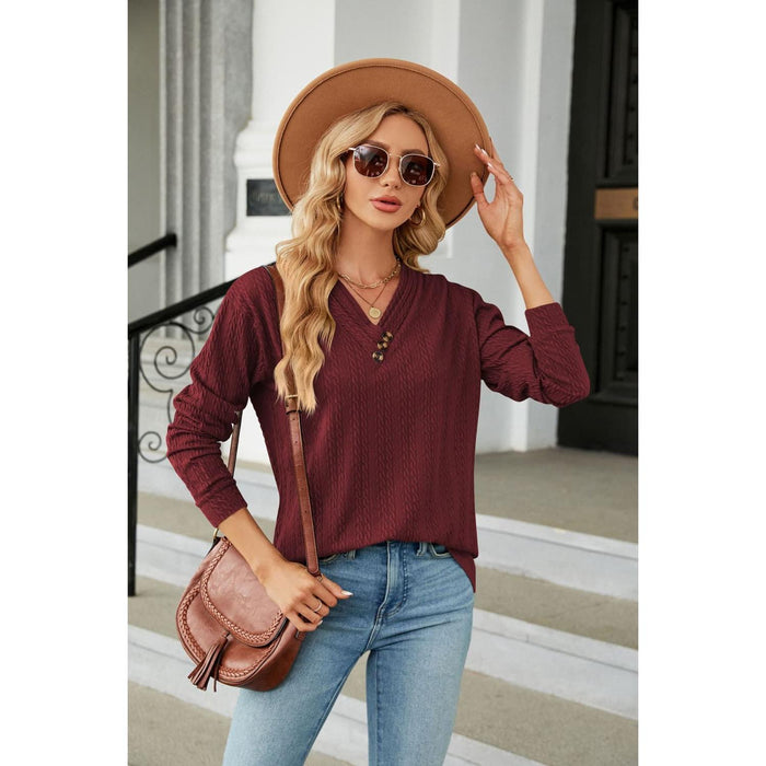 Decorative Button V-Neck Long Sleeve T-Shirt