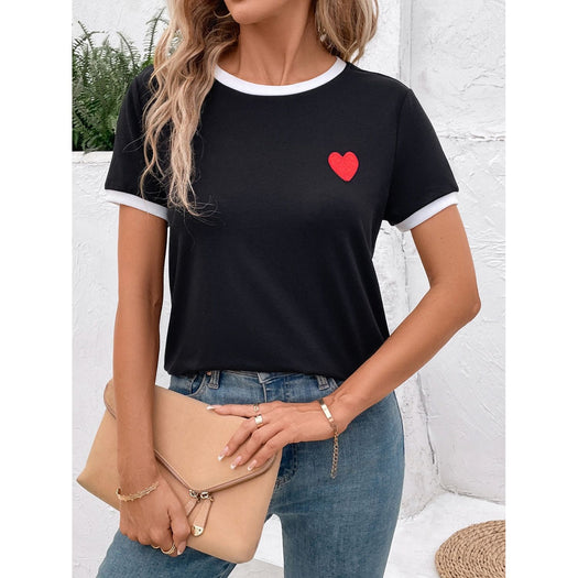 Heart Round Neck Short Sleeve T-Shirt