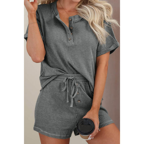 Waffle-Knit Short Sleeve Top and Shorts Lounge Set