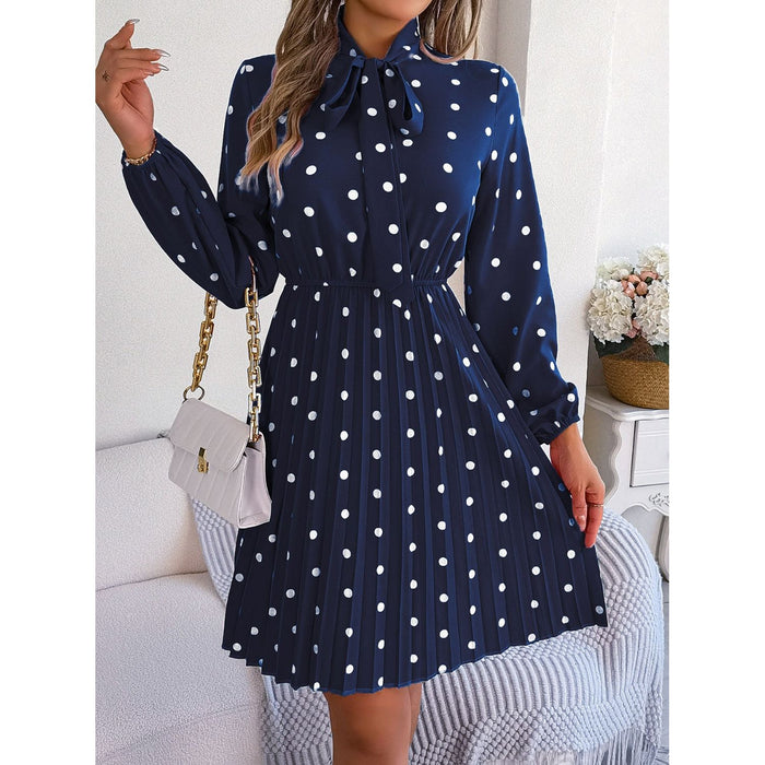 Polka Dot Tie Neck Pleated Dress