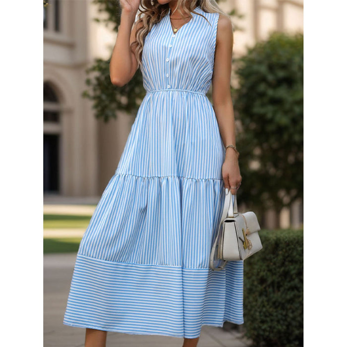 Striped Notched Sleeveless Midi Dress