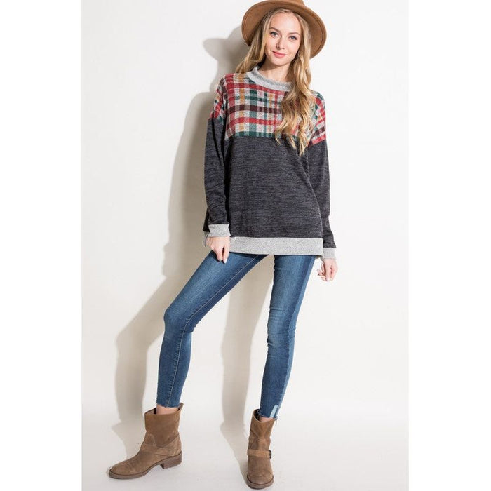 SOLID PLAID MOCK NECK TOP