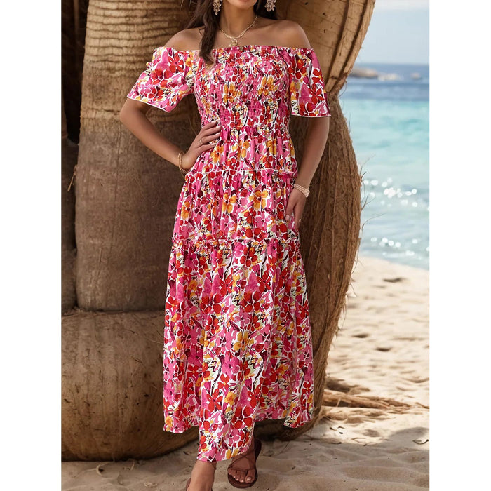 Slit Floral Off-Shoulder Short Sleeve Dress