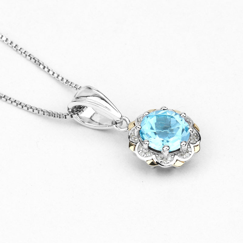 Bids.com 2.32 Carat Genuine Swiss Blue Topaz and White Diamond 14K Yellow Gold with .925 Sterling Silver Pendant Pendants