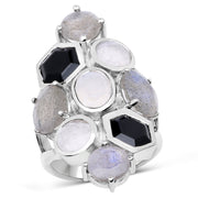 Bids.com 10.30 Carat Genuine White Rainbow Moonstone, Labradorite And Black Onyx .925 Sterling Silver Ring Rings