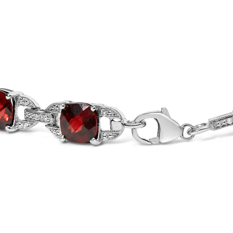 Bids.com .925 Sterling Silver 7x7mm Checkered Cushion Red Garnet and Diamond Accent Fashion Tennis Link Bracelet (I-J Color, I1-I2 Clarity) - Size 7" Inch Bracelets