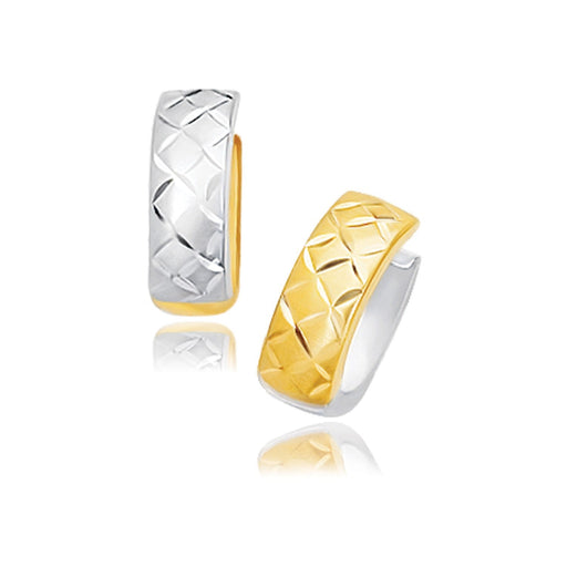 Bids.com 14k Two-Tone Gold Reversible Quilted Hinged Hoop Huggie Earrings Earrings