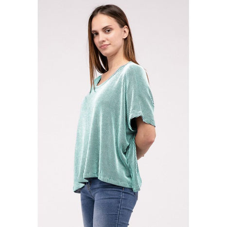 Ribbed Striped Oversized Short Sleeve Top