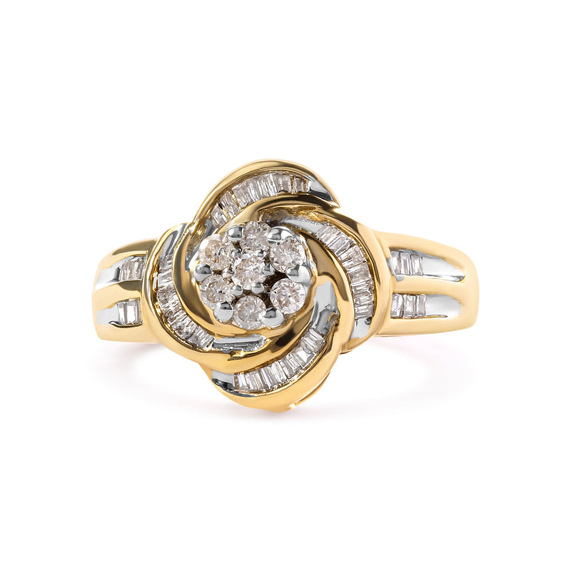 Bids.com 10K Yellow Gold 1/2 Cttw Round and Baguette Diamond Flower Swirl Cocktail Ring (I-J Color, SI2-I1 Clarity) - Ring Size 7 Rings