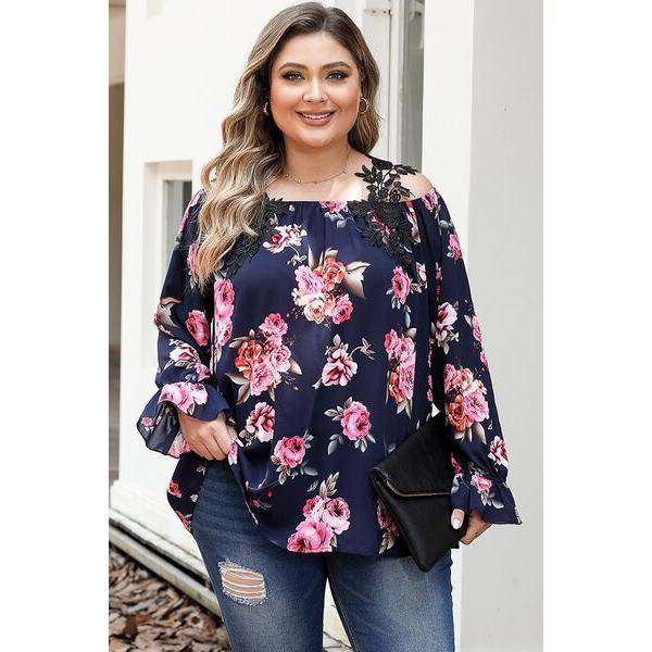 Plus Size Floral Flounce Sleeve Blouse