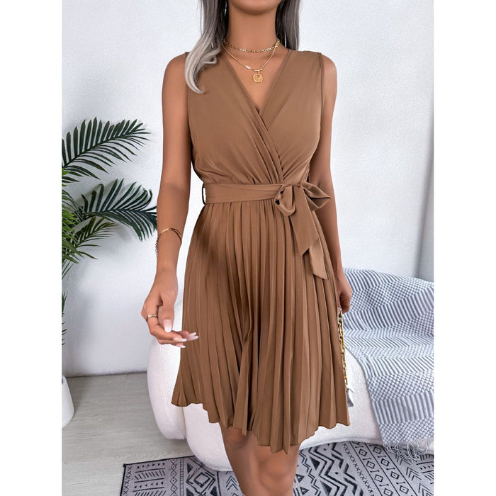 Tied Surplice Sleeveless Pleated Dress