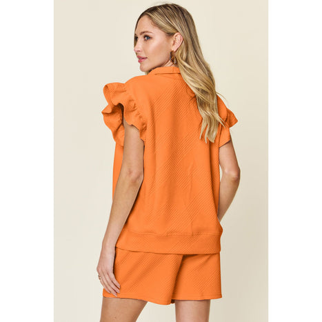 Texture Flounce Sleeve Top and Drawstring Shorts Set