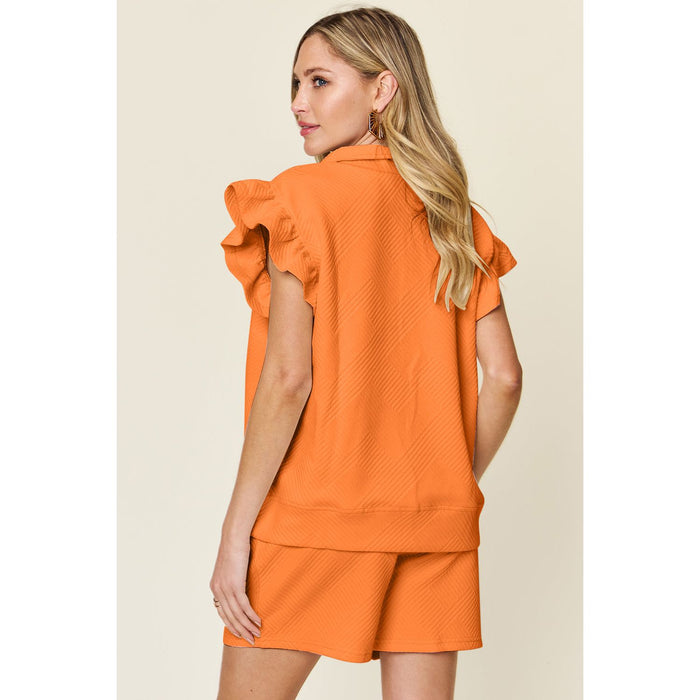 Texture Flounce Sleeve Top and Drawstring Shorts Set