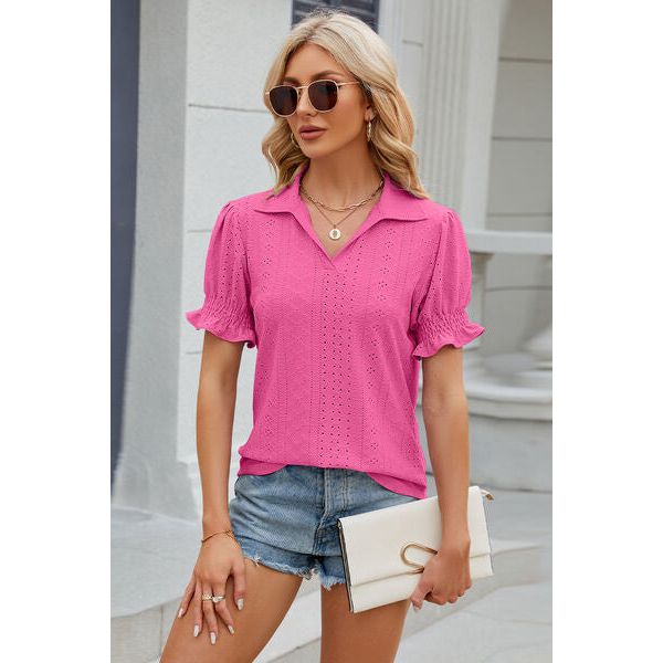 Eyelet Johnny Collar Short Sleeve Blouse