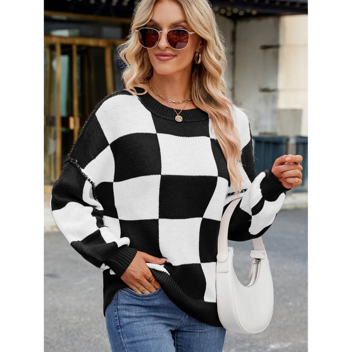 Checkered Round Neck Long Sleeve Sweater