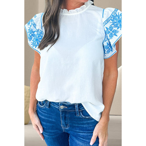 Ruffled Mock Neck Cap Sleeve Blouse