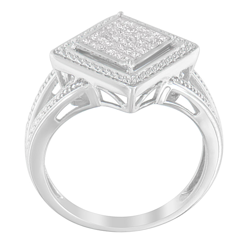 Bids.com .925 Sterling Silver 1/3 Cttw Invisible Set Princess-Cut Diamond Rhombus and Beaded Halo Ring (H-I Color, SI1-SI2 Clarity) - Ring Size 7 Rings