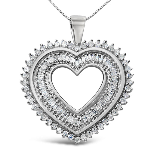 Bids.com .925 Sterling Silver 1.0 Cttw Baguette and Round Diamond  Heart Pendant 18" Necklace (H-I Color, I3 Clarity) Necklaces