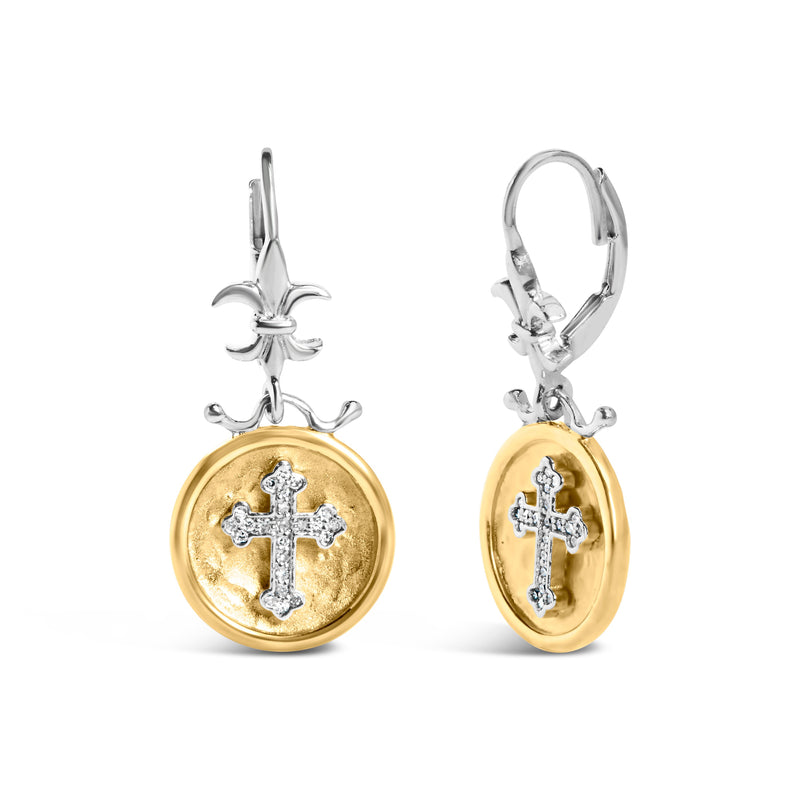 Bids.com 18K Yellow Gold Plated .925 Sterling Silver 1/8 Cttw Diamond Hammered Finished Medallion with Cross Drop and Dangle Earrings (I-J Color, SI1-SI2 Clarity) Earrings