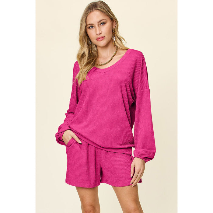 Texture V-Neck Long Sleeve T-Shirt and Shorts Set