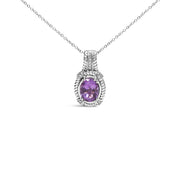 Bids.com .925 Sterling Silver 9x7mm Oval Purple Amethyst and Round Diamond Accent Fashion Drop Pendant 18 Inch Necklace (I-J Color, I1-I2 Clarity) Necklaces