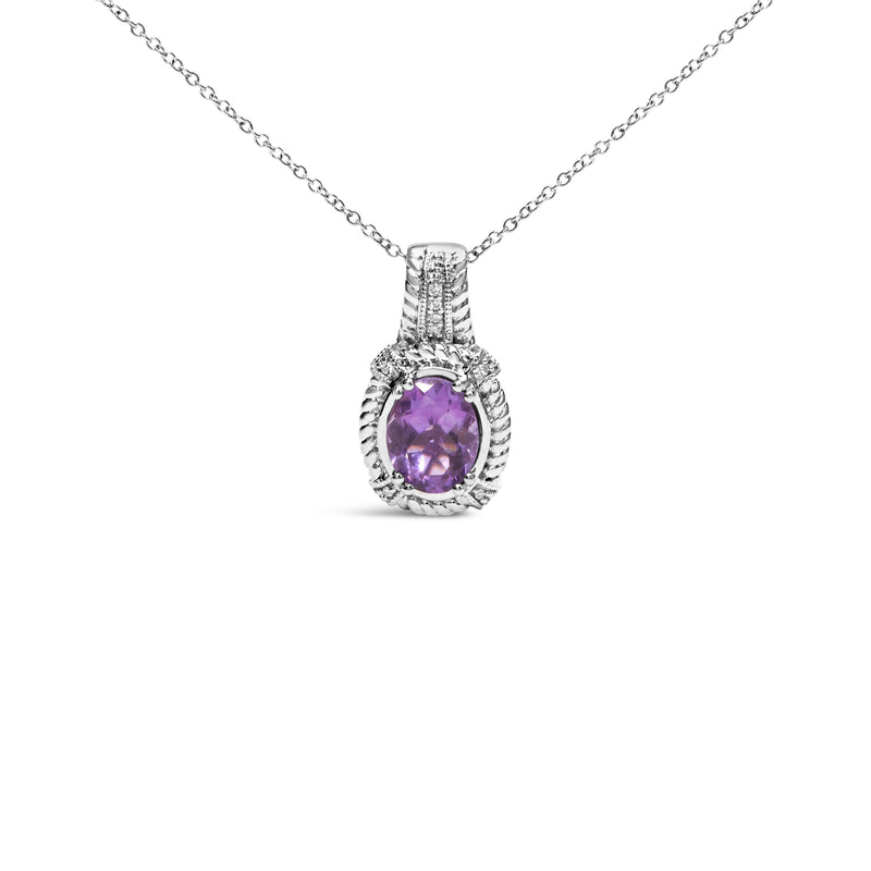 Bids.com .925 Sterling Silver 9x7mm Oval Purple Amethyst and Round Diamond Accent Fashion Drop Pendant 18 Inch Necklace (I-J Color, I1-I2 Clarity) Necklaces