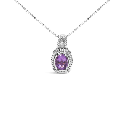 Bids.com .925 Sterling Silver 9x7mm Oval Purple Amethyst and Round Diamond Accent Fashion Drop Pendant 18 Inch Necklace (I-J Color, I1-I2 Clarity) Necklaces