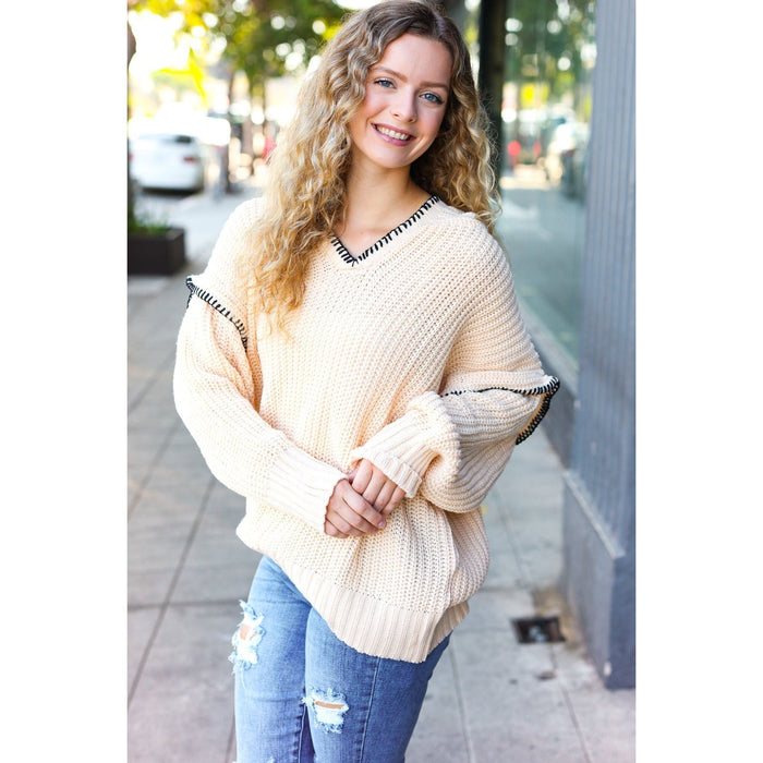 Oatmeal Notched Neck Contrast Stitch Knit Hoodie