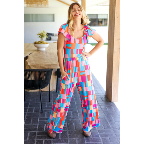 Scarlet & Aqua Geometric Print Wide Leg Jumpsuit