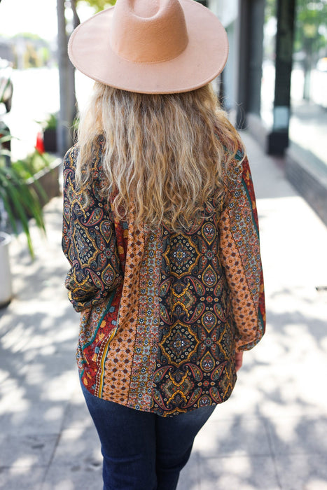 Weekend Ready Black & Rust Paisley Raglan Keyhole Tie Top