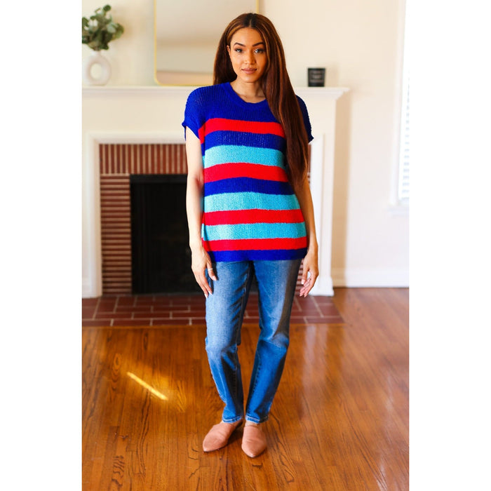 Forget Me Not Royal Blue Stripe Short Sleeve Dolman Sweater